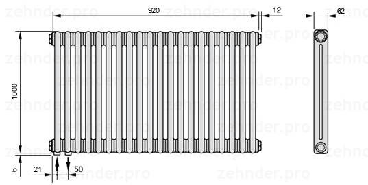 Схема (чертеж) Радиатор Zehnder Charleston 2100/20 №3370 Белый глянцевый RAL 9016
